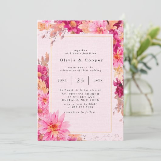 Chrysanthème rose chaud Faire-part de mariage de c (Debout devant)