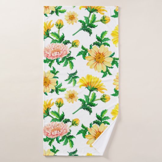 Chrysanthèmes aquarelle. Fleurs jaunes avec gre (Serviette de bain)