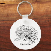 Chrysanthemum Black Line Drawing with Your Name  Sleutelhanger (Voorkant)
