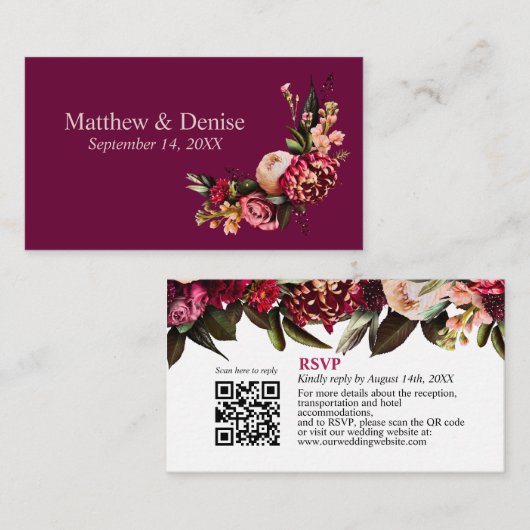 Chrysanthemum Elegant Burgundy RSVP Kaart QR Code (Voorkant / Achterkant)