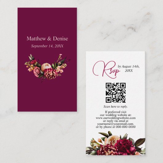 Chrysanthemum Elegant Burgundy RSVP-kaart QR-code Informatiekaartje (Voorkant / Achterkant)