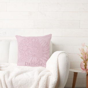 Chrysanthemum Roze Lijntekening met Uw Naam Kussen