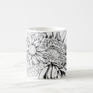 Chrysanthemum Zwarte Lijntekening met Uw Naam Koffiemok