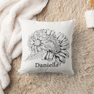Chrysanthemum Zwarte Lijntekening met Uw Naam  Kussen