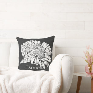 Chrysanthemum Zwarte Lijntekening met Uw Naam Kussen