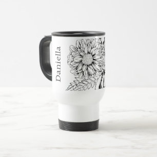 Chrysanthemum Zwarte Lijntekening met Uw Naam Reisbeker
