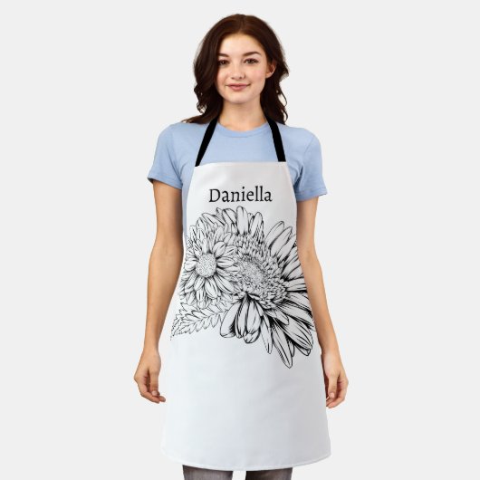 Chrysanthemum Zwarte Lijntekening met Uw Naam  Schort (Gedragen)
