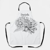 Chrysanthemum Zwarte Lijntekening met Uw Naam  Schort (Voorkant)