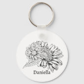 Chrysanthemum Zwarte Lijntekening met Uw Naam Sleutelhanger (Voorkant)