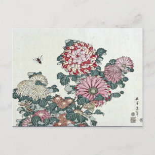 Chrysanthemums & Bee, Japanse kunst door Hokusai Briefkaart