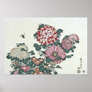 Chrysanthemums & Bee, Japanse kunst door Hokusai Poster
