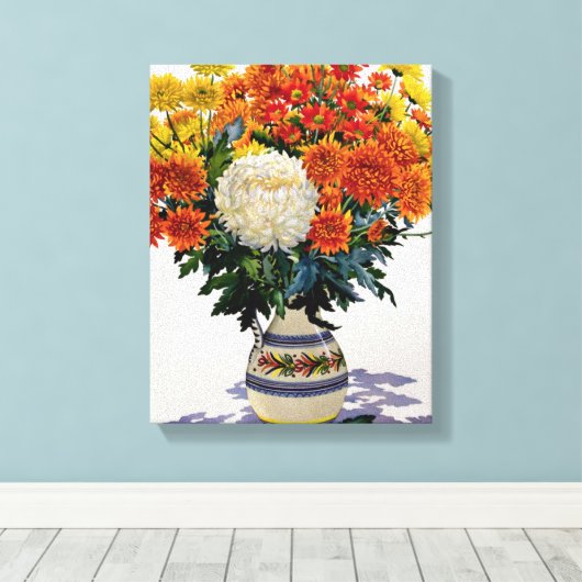 Chrysanthemums in een patterned jug 2005 canvas afdruk (Insitu (Houten vloer))