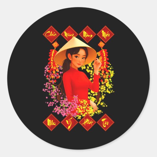 Chuc Mung Nam Moi Tet Binh Ngo 2026 Vietnamese Gir Ronde Sticker (Voorkant)