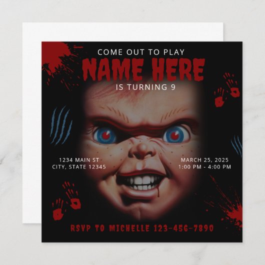 Chucky Poupée Bleu Rouge Bloody Invitation (Devant / Derrière)