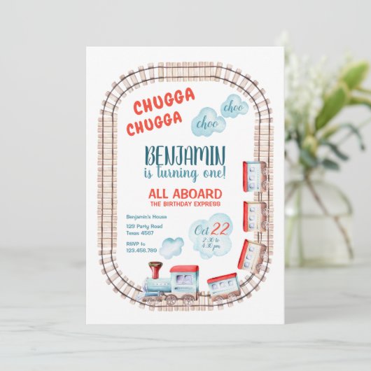 Chugga Trein Choo Jongen Rood Blauw Verjaardagsrai Kaart (Staand voorkant)