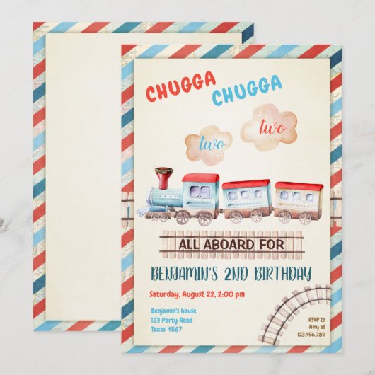 Chugga Two Train Choo Boy Red Blue 2nd Birthday Kaart (Voorkant / Achterkant)