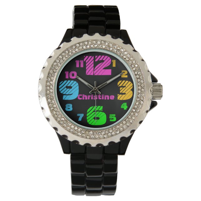 Chunky Neon Nummers Vrouwen Zwart Horloge (Voorkant)
