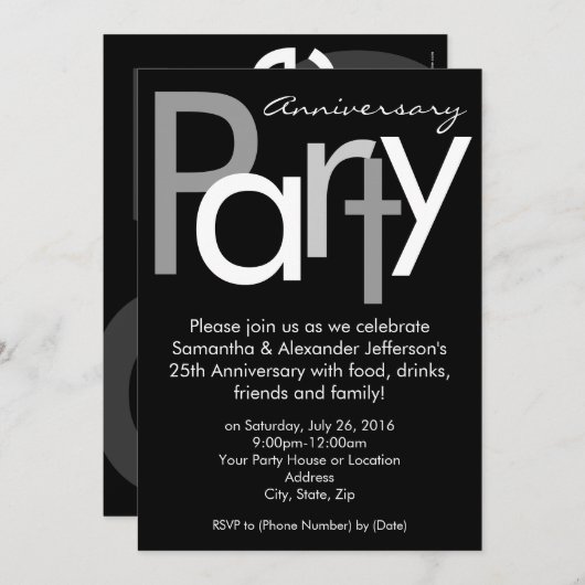 Chunky Zwart / Wit Jubileum Party Invitation Kaart (Voorkant / Achterkant)