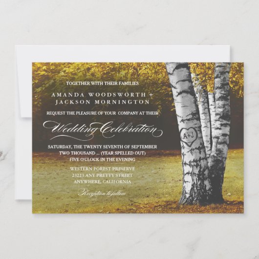 Chute Carved Coeur Birch Tree Invitations de maria (Devant)