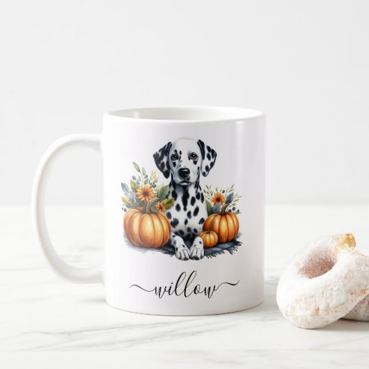 Chute Dalmatie Chien Mug avec nom personnalisé (Avec donut)