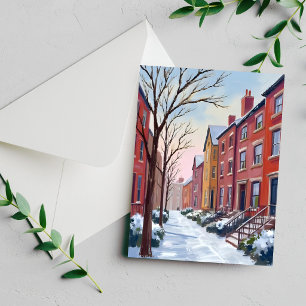 Chute de neige en ville Carte de peinture à l'aq