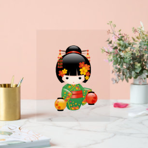 Chute Poupée Kokeshi - Green Kimono Geisha Girl