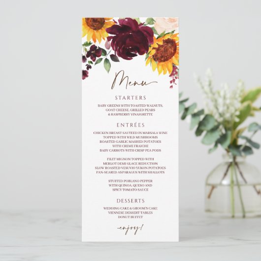 Chute Sunflower Roses Bourgogne Rouge Mariage Menu (Debout devant)