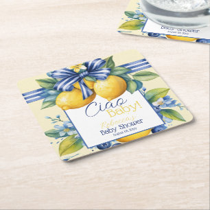 Ciao Baby Blue Bow Tegel Lemon Baby shower Vierkante Kartonnen Onderzetter