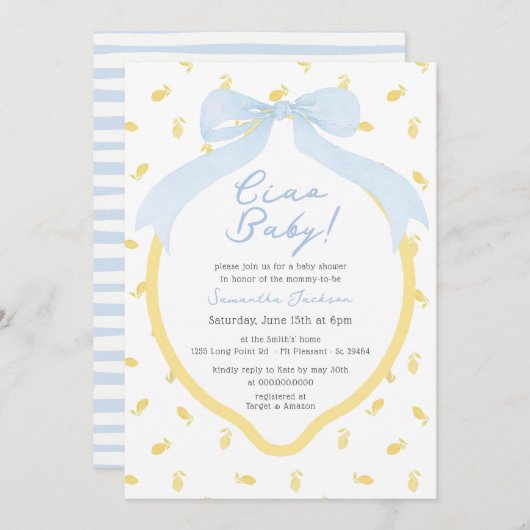 Ciao Baby Lemon & Blue Bow Boy Baby shower Kaart (Voorkant / Achterkant)