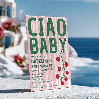 Ciao Baby Shower Italiaans Retro Roze Streep Groen Kaart
