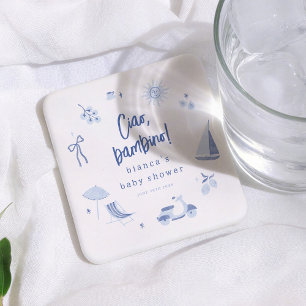 Ciao Bambino Italiaanse Blauwe Jongen Baby Shower Vierkante Kartonnen Onderzetter