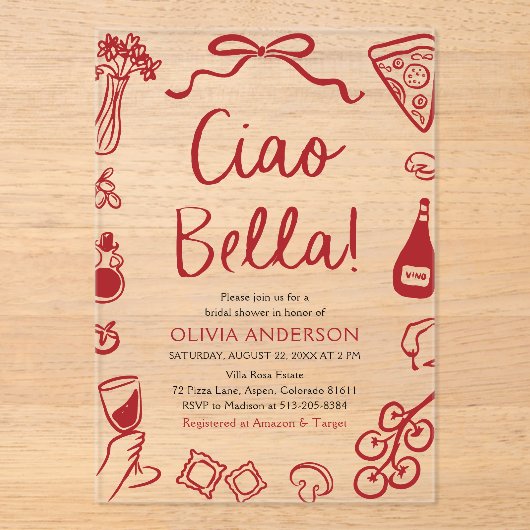Ciao Bella handgetekende Italiaans Pizza Vrijgezel Acryl Uitnodigingen (Voorkant)