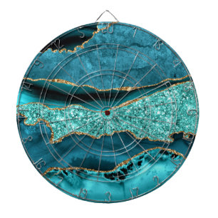 Cible De Fléchettes Agate Turquoise Bleu Or Paillettes Marbre Aqua Tur