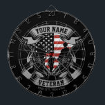 Cible De Fléchettes Ancien combattant américain personnalisé Fière Vet<br><div class="desc">Drapeau Vétérinaire Américain Fière Vet USA avec des soldats avec armes à feu et Drapeau américain design. Personnalisé avec votre nom,  texte personnalisé et emplacement! Un cadeau parfait pour cette personne spéciale dans votre vie!</div>