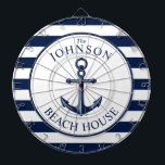 Cible De Fléchettes Ancre Nautical Theme Beach House<br><div class="desc">Un jeu de fléchettes entièrement personnalisable et amusant avec un thème unique de maison de plage nautique. Il dispose d'une ancre centrée au milieu et d'un coloris marine et blanc vibrant. Tous les éléments sont déverrouillables et réglables si vous avez besoin d'apporter des modifications. Amusez-vous à le créer et à...</div>