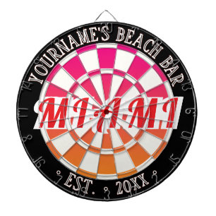 Cible De Fléchettes Bar de plage nom MIAMI Rouge Rose Orange Noir & Bl