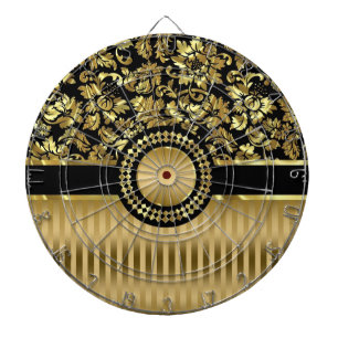 Cible De Fléchettes Black & Metallic Gold Floral Damas & Stripes