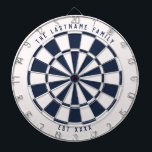 Cible De Fléchettes Bleu et blanc marine personnalisé<br><div class="desc">Tableau noir bleu marine et blanc avec votre propre texte personnalisé en haut et en bas. Avec une torsion sur le tableau de bord de style classique, ce jeu amusant propose un jeu de couleurs blanc cassé et bleu marine pour bien fonctionner avec de nombreux styles de décoration maison pour...</div>