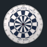 Cible De Fléchettes Bleu et blanc marine personnalisé<br><div class="desc">Tableau noir bleu marine et blanc avec votre propre texte personnalisé en haut et en bas. Avec une torsion sur le tableau de bord de style classique, ce jeu amusant propose un jeu de couleurs blanc cassé et bleu marine pour bien fonctionner avec de nombreux styles de décoration maison pour...</div>