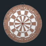 Cible De Fléchettes Brown Blanc Personnalisé Nom de famille et adresse<br><div class="desc">Un design classique avec triangles brun et blanc alternant. Il utilise une teinte moderne marron. Au-dessus et au-dessous,  il y a le nom et un message sous forme de texte voûté,  en casquette.</div>