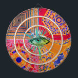 Cible De Fléchettes Carreaux géométriques rose jaune et oeil<br><div class="desc">Inspiré des tuiles espagnoles et portugaises traditionnelles mais avec des éléments algorithmiques fractaux modernes. Par Linandara</div>