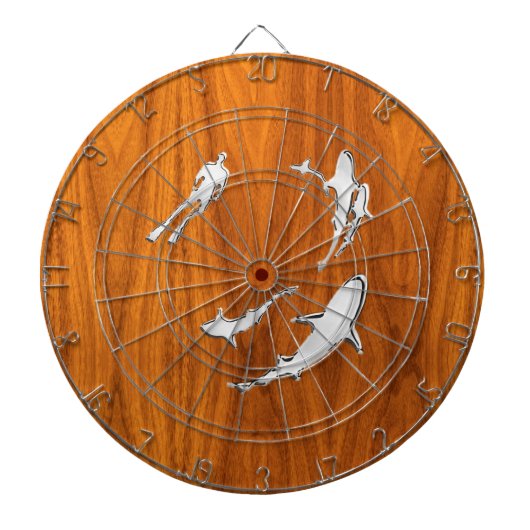 Cible De Fléchettes Chrome style Diver with Sharks on Teak Veneer (Devant)