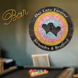 Cible De Fléchettes Coeur mariage Pastel Coucher de soleil Bois rustiq<br><div class="desc">Coeur mariage Pastel Coucher De Soleil Rustique En Bois Nom Monogrammé, Notre Amour Pour Toujours. Ce tableau de bord rustique de Wood Grain fait le cadeau de jeu Mariage personnalisé parfait pour les mariages récents, maison Cadeaux de réveil etc... et juste un plaisir quotidien. Notre modèle facile à utiliser rend...</div>