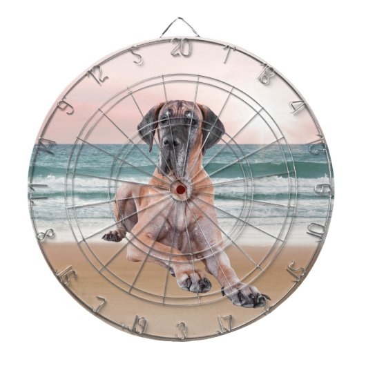 Cible De Fléchettes Coutume Grand Chien Danse assis sur la plage (Devant)