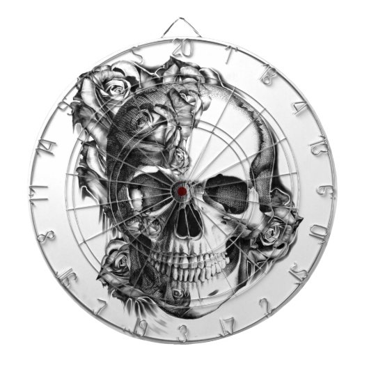 Cible De Fléchettes Crâne rose tiré par la main en noir et blanc. (Devant)