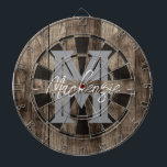 Cible De Fléchettes Custom Family Name Monogram Dart Board<br><div class="desc">Faux wooden background with monogram and family name in center of the board. Other colors available in the shop.</div>