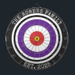 Cible De Fléchettes Custom Family Name Rustic Dartboard<br><div class="desc">A dartboard is a popular recreational and competitive game that provides hours of fun for players of all ages and skill levels. Typically made from sisal fibers, cork, or electronic components, dartboards are designed to withstand the impact of darts while offering precise scoring zones. Standard dartboards feature a circular design...</div>
