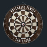 Cible De Fléchettes Custom Family Name Unique<br><div class="desc">Elevate your game nights with our custom family wood effect dartboard, designed to bring a personal touch to your home. This unique dartboard allows you to proudly display your family name and location, making it not just a game but a cherished family heirloom. Ideal for gatherings, backyard parties, or simply...</div>