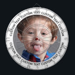 Cible De Fléchettes Custom Photo Dartboard & Text - WHITE Surround<br><div class="desc">Custom Photo Dartboard template with personalized text and WHITE round photo framing surround (other color surrounds available in store). Your face on a dartboard. One click personalize upper and lower text plus replace image, or full customization via Edit Screen. Regulation size with metal frame and 6 brass darts (Stars and...</div>