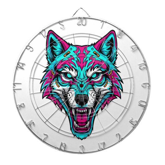 Cible De Fléchettes Cyberpunk Neon Wolf - Synthwave Robotic Animal (Devant)